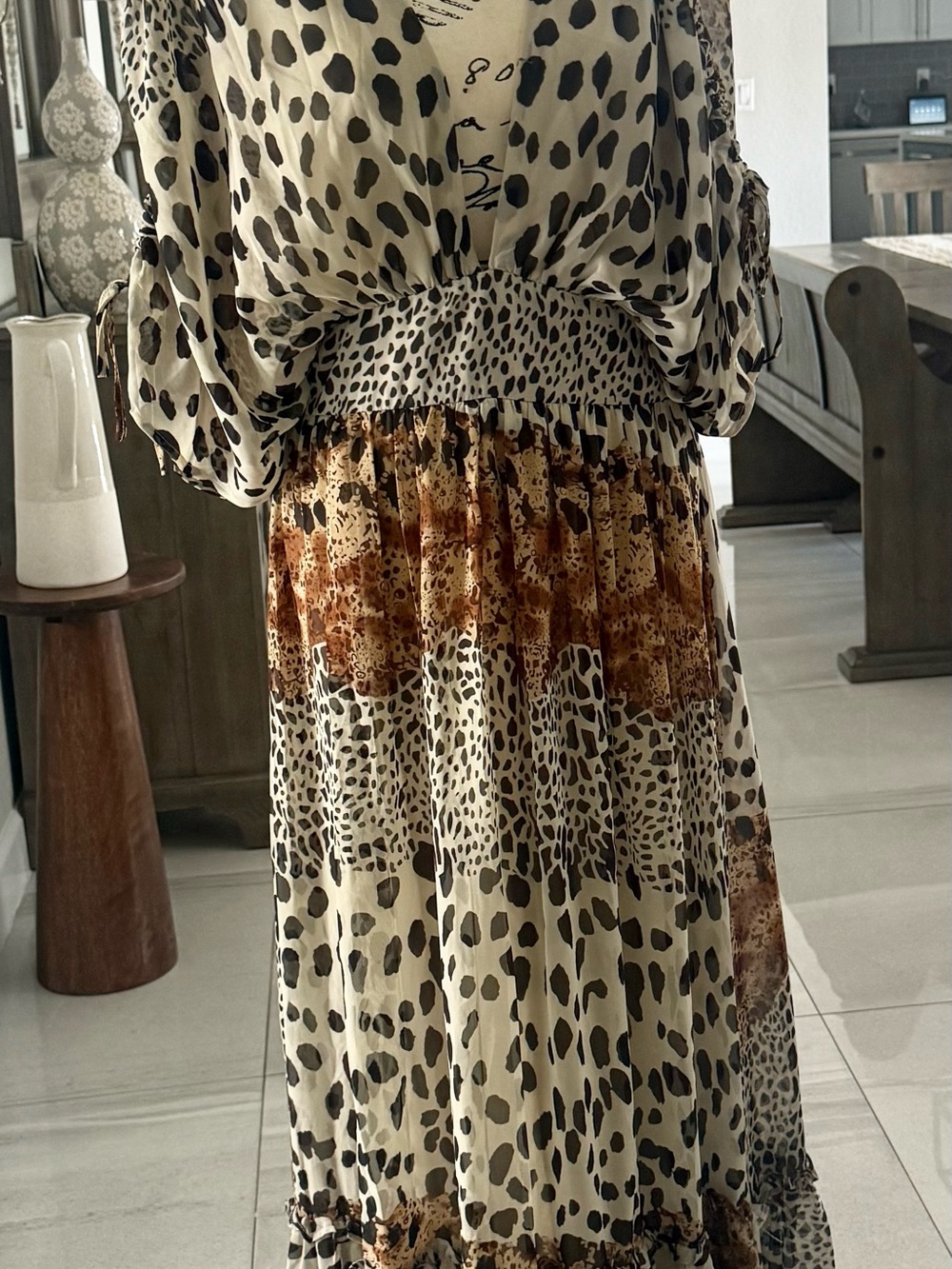 Mixed-Print Maxi Dress in Ivory and Brown